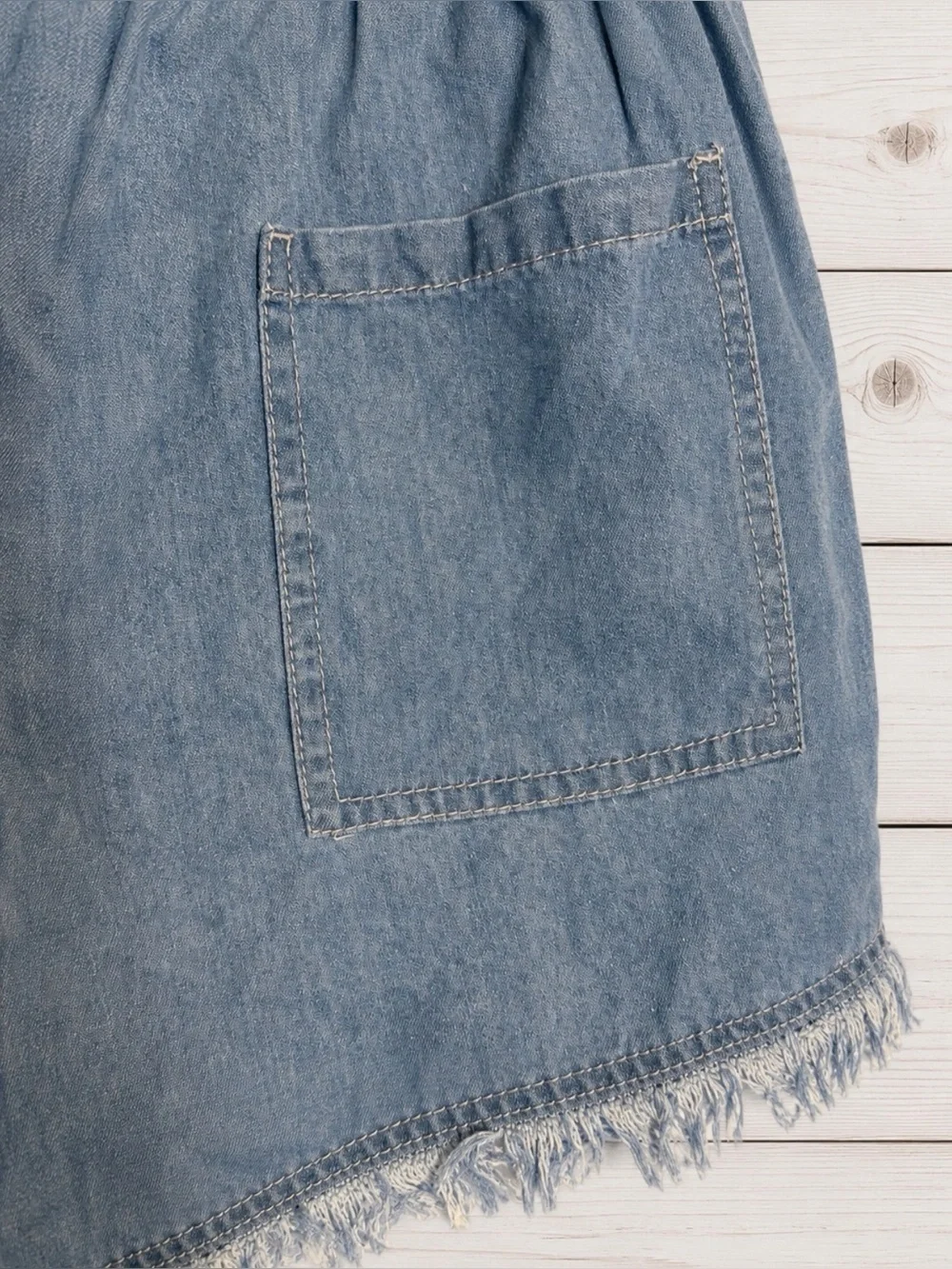 Denim Drawstring Frayed Hem Shorts Lightweight Chambray Beachy Boho Large NWOT